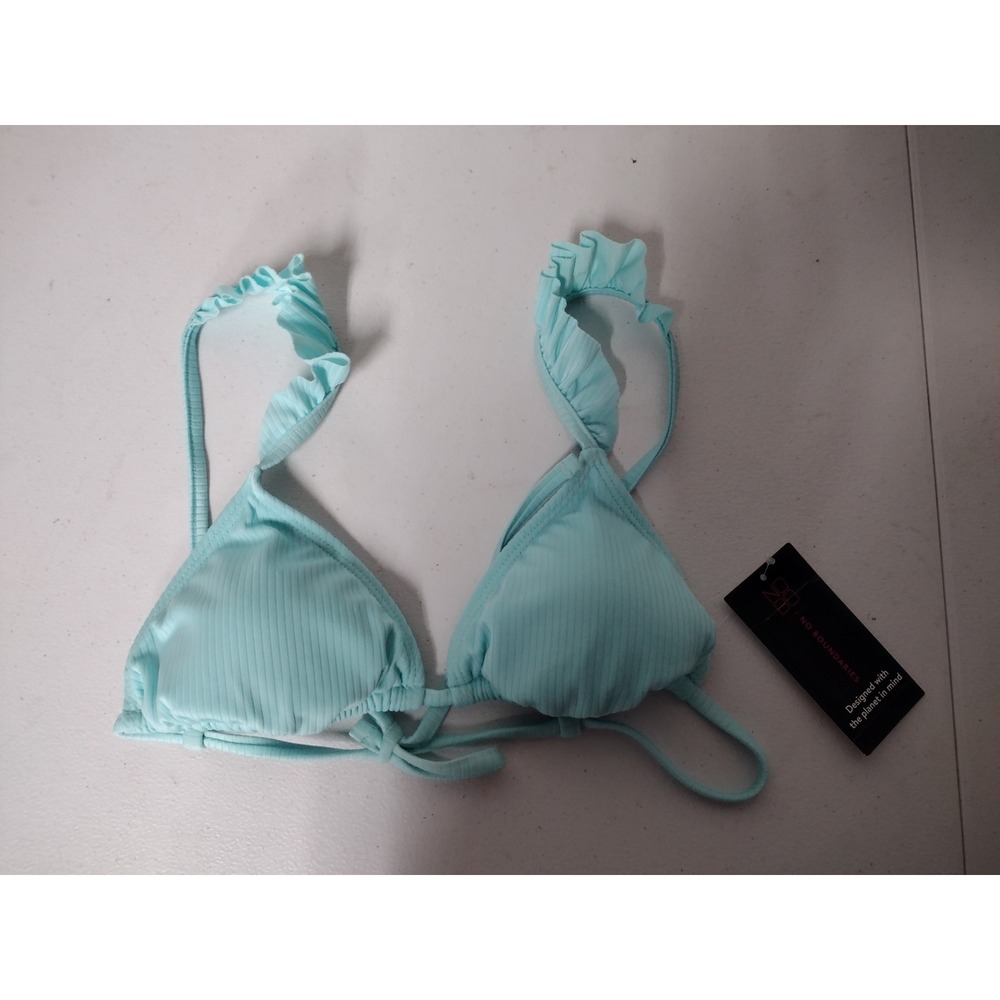 No Boundaries Light Blue Ribbed Ruffle Triangle Bikini Top NWT Womens Size S 3-5